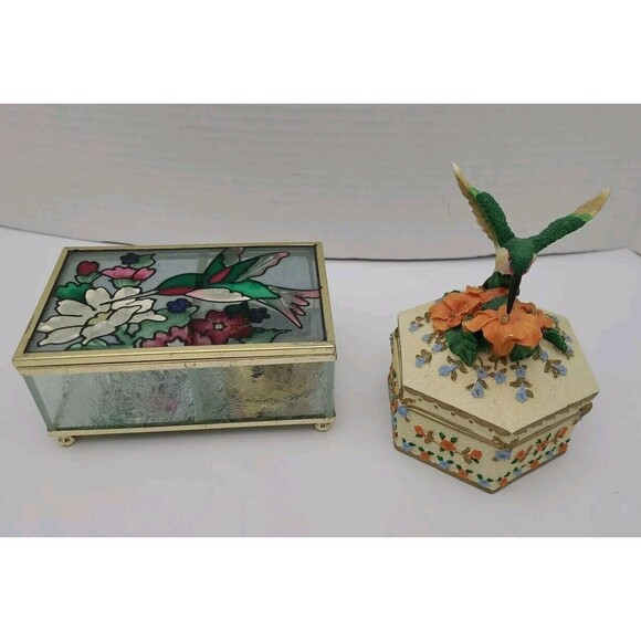 Set 2 Hummingbird Music Trinket Boxes Resin Glass Wings of Love - Picture 1 of 13